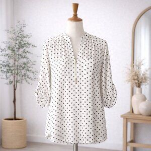 Miley and Molly White Black Polka Dot Blouse Zip Front Size M